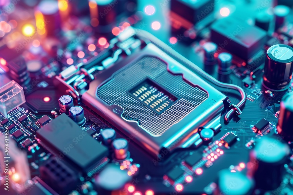 Poster a close-up view of a sophisticated motherboard showcases a powerful processor and various electronic