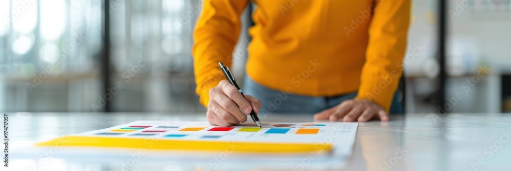 Poster businessperson is analyzing colorful charts and graphs with a pen in hand, focusing on financial dat