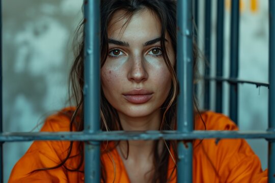 A female inmate in an aged orange uniform stands behind metal bars in a detention center, gazing intently at the camera, conveying the emotions of her imprisonment