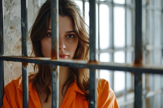A female prisoner dressed in an orange uniform stares directly at the camera through metal bars, conveying a strong expression of resilience while serving her sentence in a detention facility