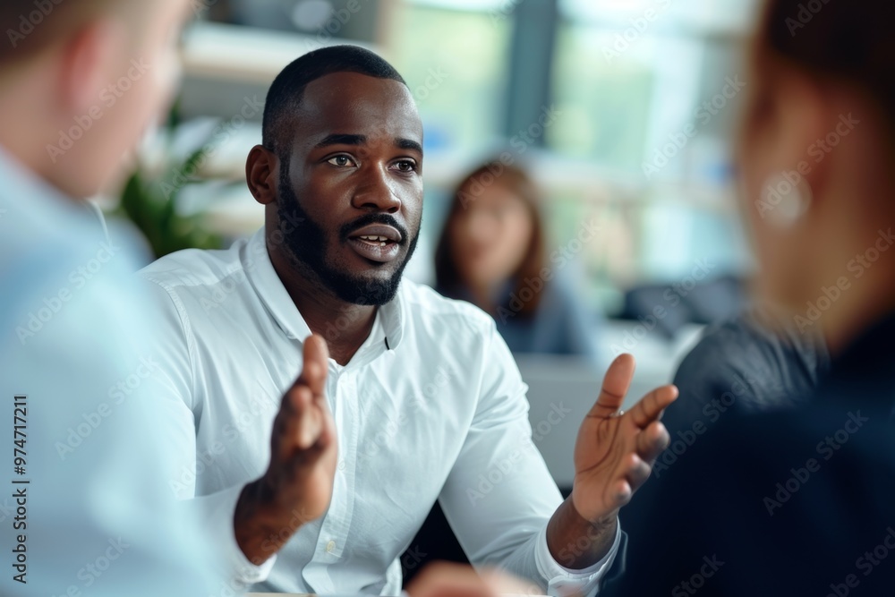 Poster a project manager actively participates in a discussion with colleagues, sharing insights and foster