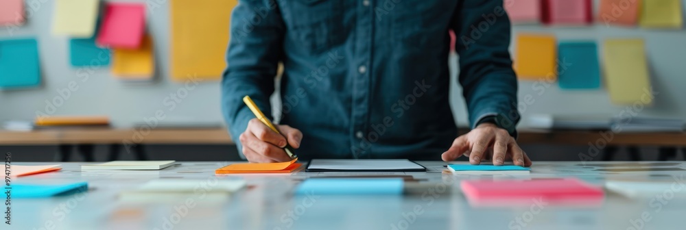 Aufkleber person is organizing colorful sticky notes on a desk, using a pen for writing ideas and planning pro