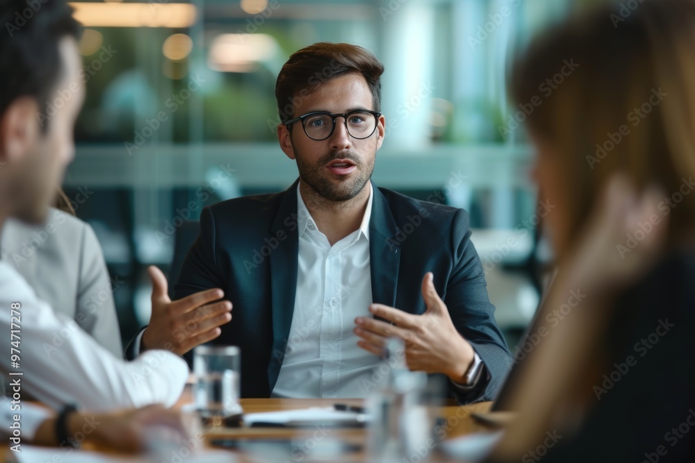Poster a project manager is actively speaking with the business team during an important meeting. the setti