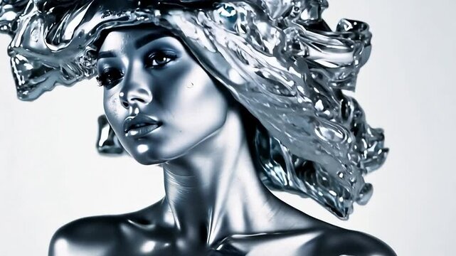 A young and extraordinarily attractive woman made entirely of liquid mercury with a reflective surface.