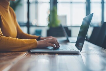 Woman in a yellow sweater typing on a laptop at an office desk, working in a bright, modern workspace with natural light from large windows.