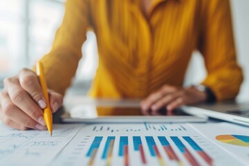 Businesswoman in a yellow blouse reviews charts and financial data, holding a pen and working at her office desk, focused on performance analysis and strategy.