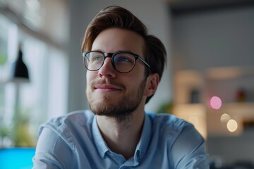 Obraz premium A smiling young Caucasian male employee wearing glasses gazes thoughtfully into the distance, visualizing his future success while seated in a contemporary office