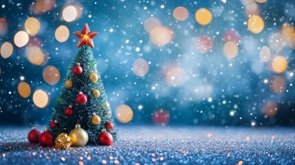 Obraz premium Colorful christmas tree with decorations on blue bokeh background for festive banner design