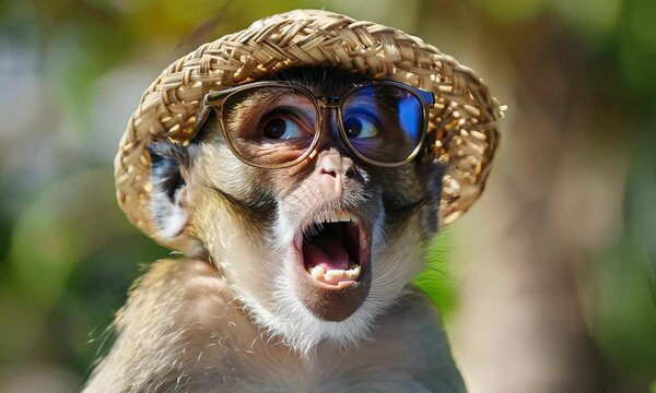 A playful monkey wearing sunglasses and a straw hat creates mischief in the trees
