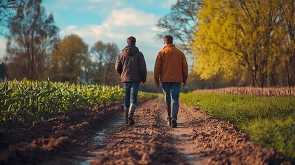 Fototapeta premium Father and son farmers walking on dirt road beside agricultural field and trees on other side and discussing something in spring time : Generative AI