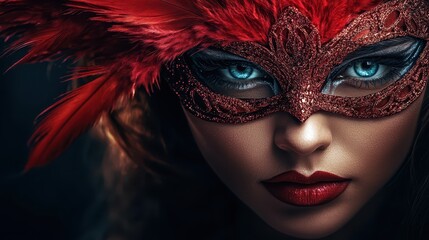 Close-up of a woman in vibrant red feathered costume and intricate face makeup, staring intensely during a festival. Carnival and dramatic expression concept.