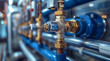 Naklejka premium This setup displays a water node with various pipes and fittings strategically arranged to control the water supply for heating systems, showcasing high-quality craftsmanship and design