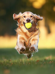 Golden Retriever running and jumping with ball towards camera in the garden