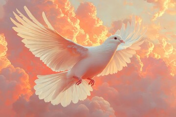 Fototapeta premium majestic white dove in midflight against a ethereal cloudscape wings spread wide capturing the essence of freedom peace and grace in motion