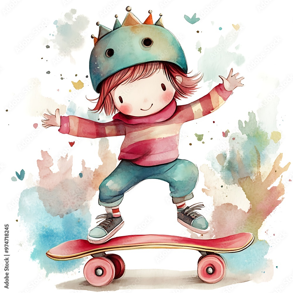 Wall mural Cheerful Girl Skateboarding With Watercolor Splashes.