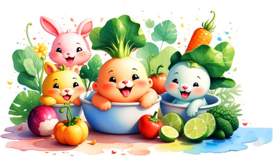 Fototapeta premium Cute set of vegetables cartoon, isolated on white background, Vector Illustration Of Food Concept Design. watercolor style