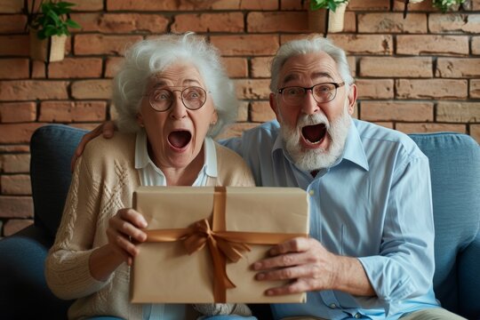 An excited senior couple bursts with joy as they unbox a surprise gift from their relatives. Their expressions reflect pure happiness and surprise in their warm, cozy living room