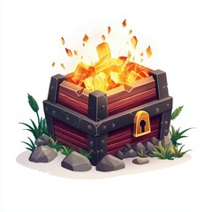 A floating magical chest with glowing lock, fantasy treasure, cartoon style, gold and red, isolated on white background