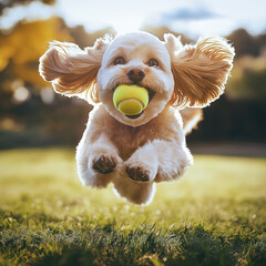 Poodle dog running and jumping with ball towards camera in the garden