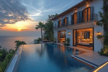 mediterranean villa with infinity pool overlooking azure sea golden hour lighting lush tropical landscaping luxury vacation ambiance