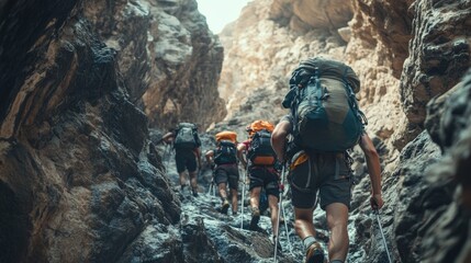 Packs – Hikers Wearing Backpacks Climbing Rugged Terrain Symbolizing Adventure and Endurance