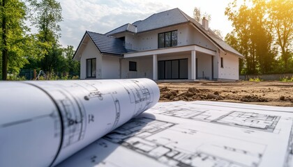 Detailed photography of house walls in progress based on construction blueprints and drawings