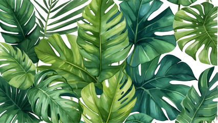 Beach cheerful seamless pattern wallpaper of tropical dark green leaves of palm trees and flowers bird of paradise (strelitzia) plumeria on a watercolor background	