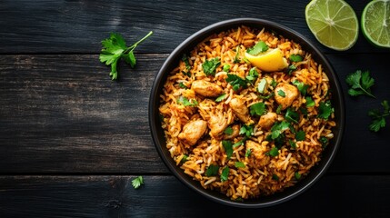 A mouth-watering bowl of aromatic rice and chicken garnished with fresh herbs and a touch of lime, arranged beautifully on a dark wooden table, offering a feast for the senses.