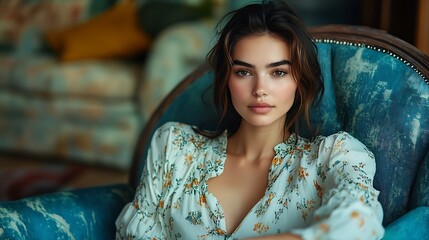 Fototapeta premium Fashion shooting in the interior designer clothes and a professional model : Generative AI