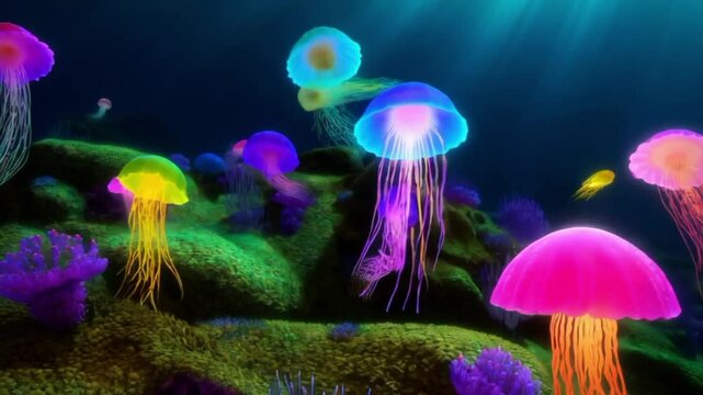 Seamless animation colorful jellyfish in deep sea underwater background pattern in fantasy marine concept. Graphical sea animal nature background or screen saver 4k