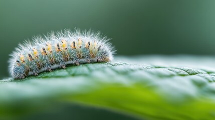 A close-up photograph featuring a fluffy caterpillar with a soft, spiky texture crawling on a vibrant green leaf, captured in great detail against a blurred background.