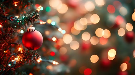 Red Christmas Ornament on Tree with Bokeh Lights