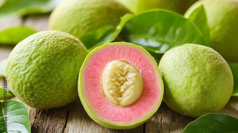 Poster Isolated green guava with pink flesh One whole fruit and a half isolated on white background with clipping path : Generative AI