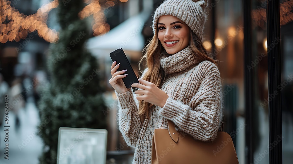 Poster a woman is talking on her cell phone while holding a laptop and a handbag she is smiling and she is 
