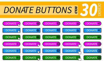 Complete set of professional donate buttons with hand pointer, arrow pointer and other related icons in bold design