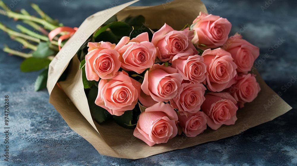 Poster a bouquet of small pink roses in a craft paper package tied with a ribbon with a bow isolated : gene