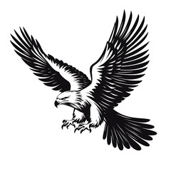 Obraz premium A black and white illustration depicting an eagle in mid-flight with its wings spread wide.