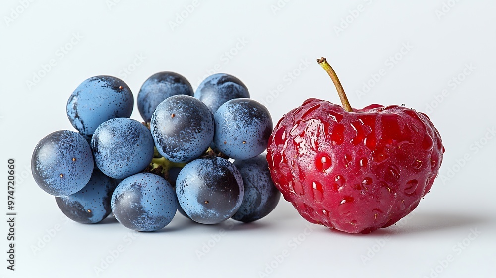 Poster One half of a berry and one bunch of grapes macro isolated on white background : Generative AI