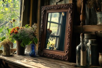 Nostalgic heritage frame with detailed wood carvings, displayed in a rustic farmhouse setting, preserving family memories
