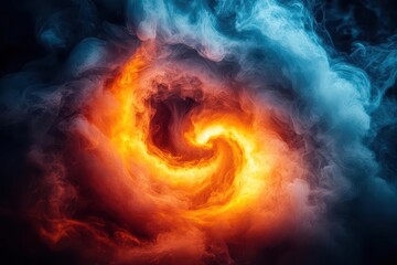 mesmerizing circular smoke pattern with swirling tendrils of vibrant orange red and yellow hues against a deep black background creating an otherworldly effect