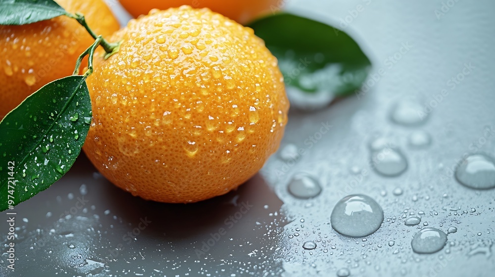 Poster orange fruit isolate orange citrus with drops on white background whole wet orange fruit with leaves