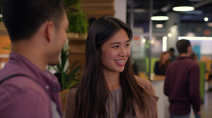 Modern office couple discreetly exchanging smiles during break, capturing subtle workplace romance and connection amidst blurred coworkers.
