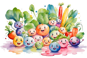 Obraz premium Cute set of vegetables cartoon, isolated on white background, Vector Illustration Of Food Concept Design. watercolor style