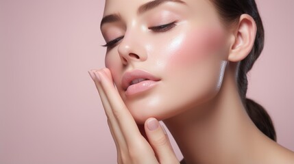 A close-up portrait of a woman with flawless skin and a soft, natural look.