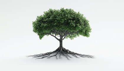 3d Render Illustration Of Isolated Tree With Roots On White Background, Showing Detailed Texture And Realistic Appearance For Design Projects.