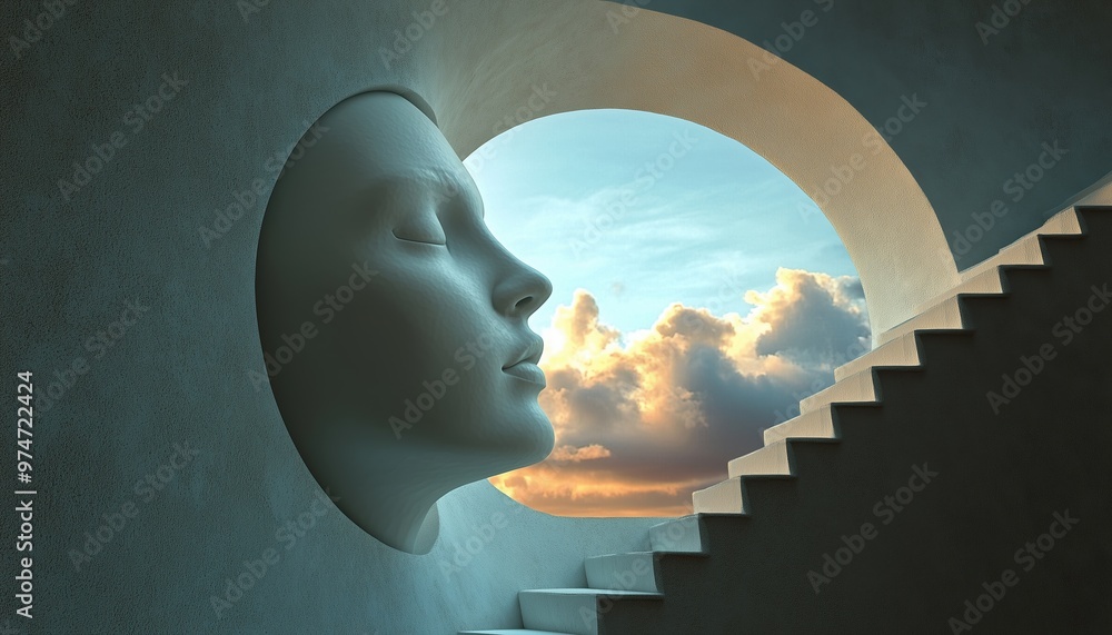 Poster 3d render of a human head with an open window and staircase displayed in title case to highlight the
