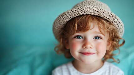 A joyful child with freckles smiles while wearing a summer hat, with sunlight illuminating the scene, creating a joyful and carefree outdoor atmosphere.