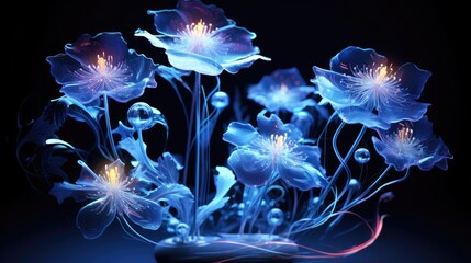 A beautiful abstract image of glowing blue flowers with a dark background.