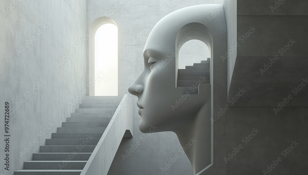 Poster 3d render of a human head with an open window and staircase. incredible digital model showing intric