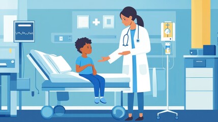Doctor Examining a Young Boy in a Hospital Room